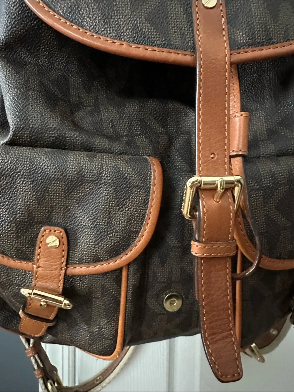 Michael Kors Dark Brown Monogram Backpack with Tan Trim